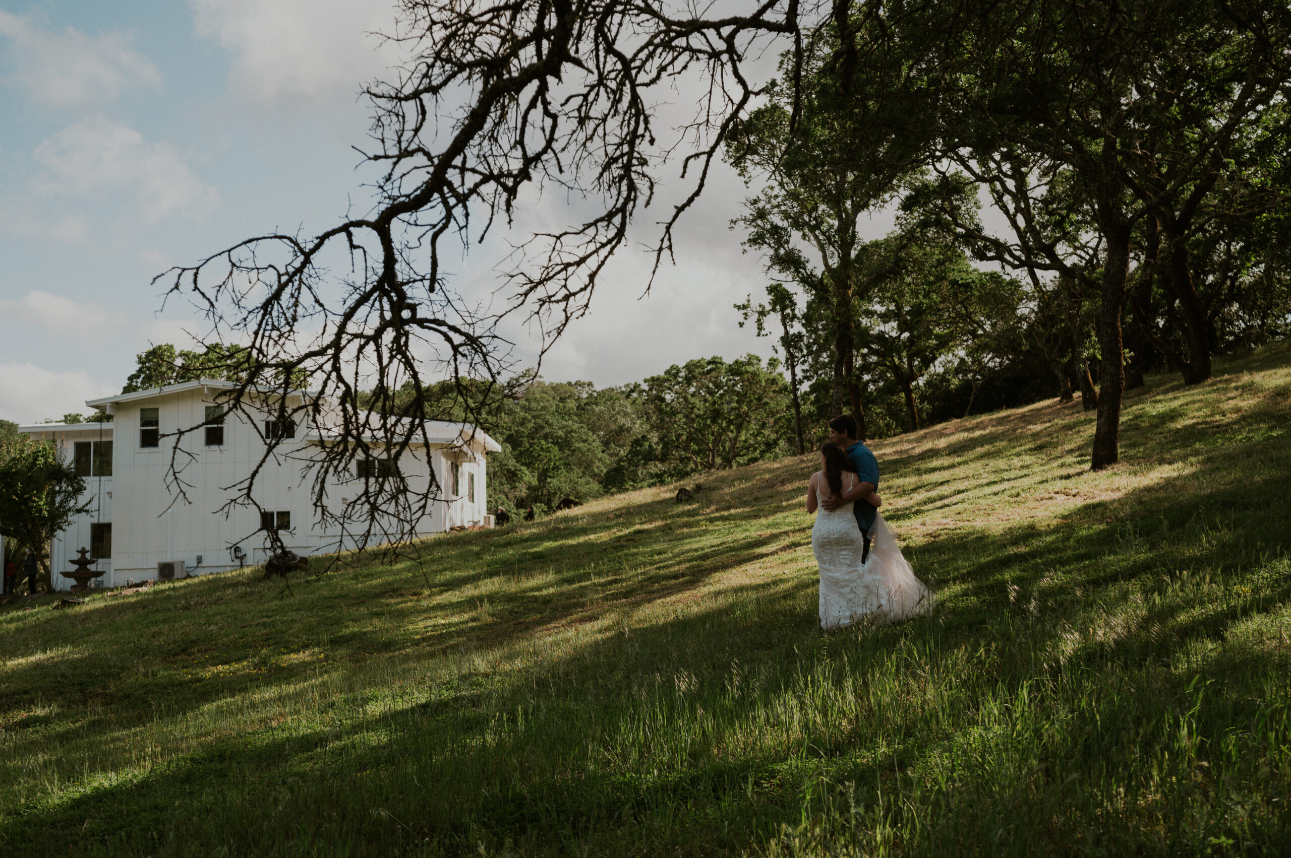 Newlywed couple standing on a light-speckled hill in Napa